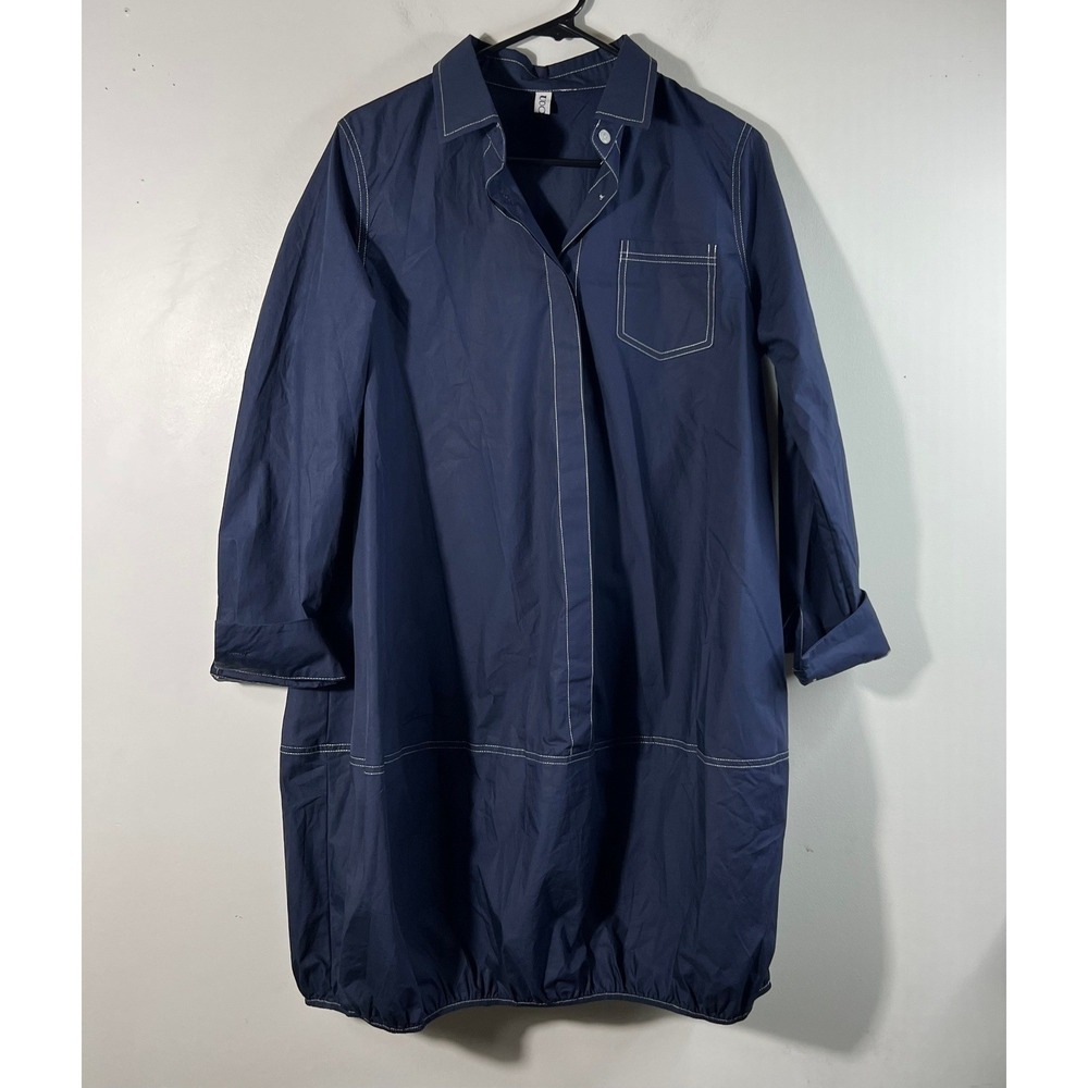 Uoozee Lagenlook Bubble‎ Hem Oversized Shirt Dress Navy M Cotton